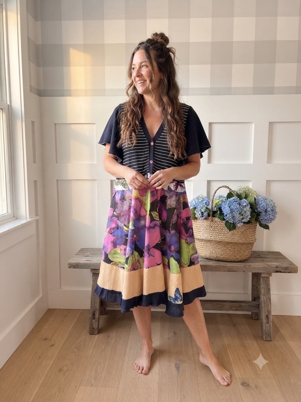 XL Floral Stripe Midi Dress in Navy and Multicolor